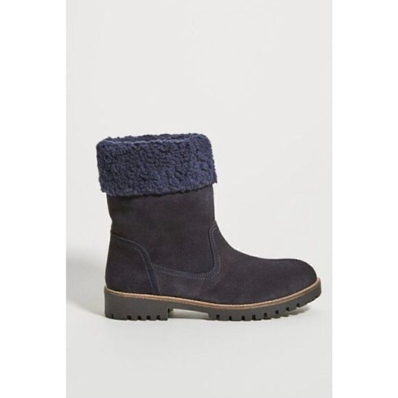 NEW Anthropologie Louise Navy Sherpa-Cuffed Suede Pull-On Ankle Boots Size 40 - Picture 4 of 4
